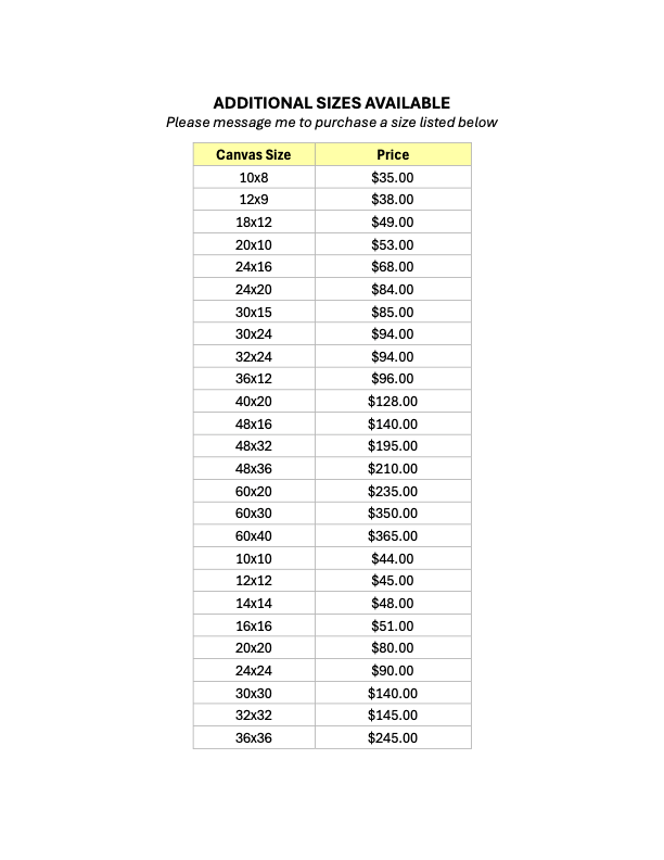 Chart displaying additional canvas size options with their respective prices on a white background.