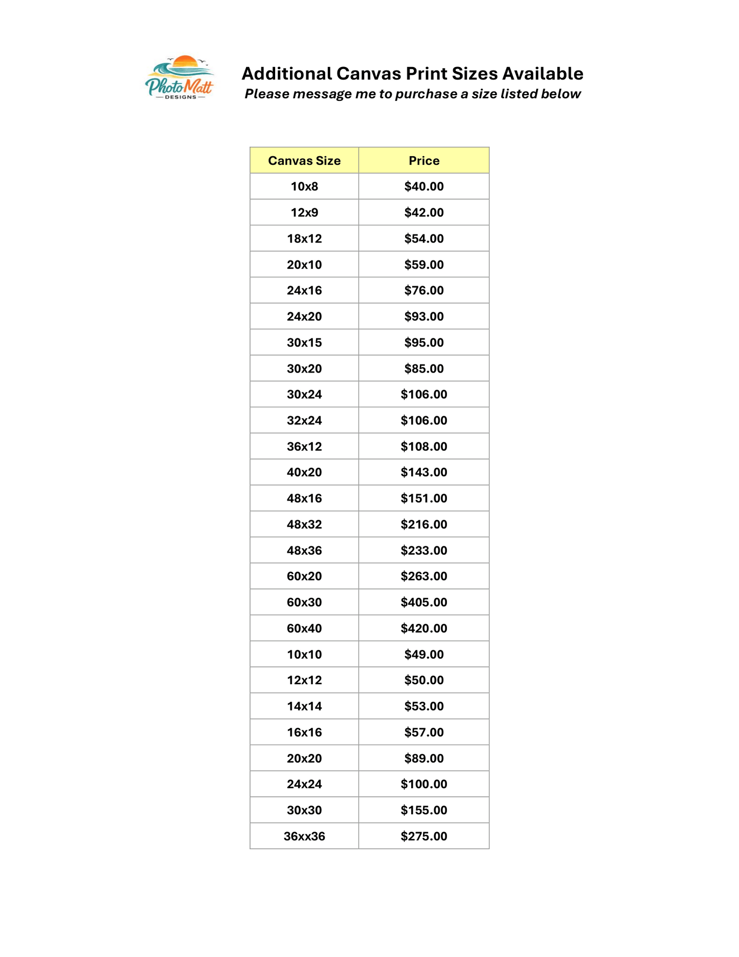 Chart displaying additional canvas size options with their respective prices on a white background.
