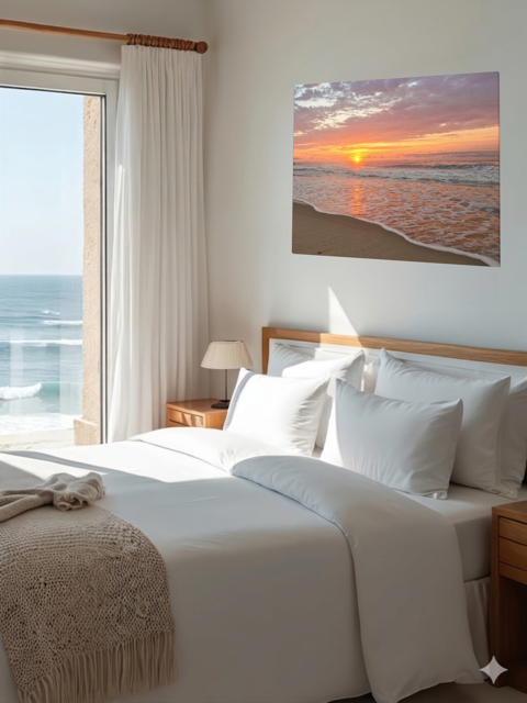 Bedroom with a large bed, nightstands, and a canvas print of a vibrant sunrise over the Atlantic Ocean on the wall.