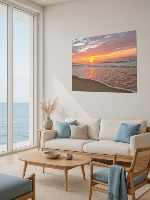 Living room with a large window view of the ocean, a beige sofa with blue cushions, and a canvas print of a vibrant sunrise over the Atlantic Ocean on the wall.