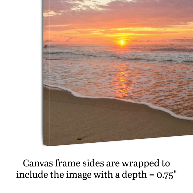 Side view of a canvas print of a vibrant sunrise over the Atlantic Ocean with text indicating frame depth.
