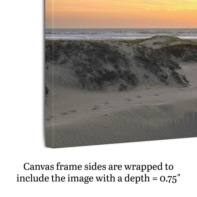 Side view of a canvas print of a beach scene with sand dunes and ocean at sunset.