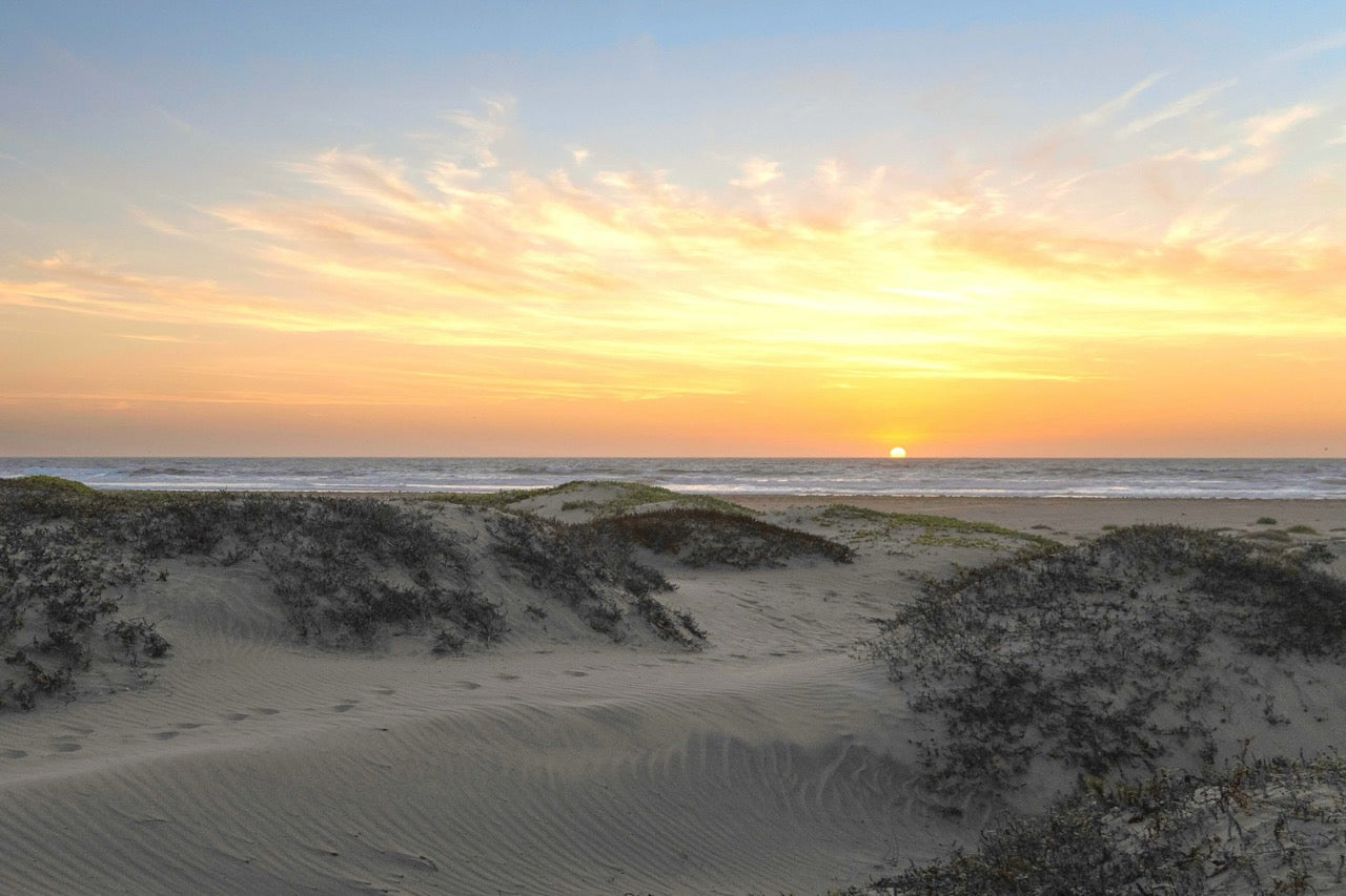 Sunset over a beach with sand dunes and ocean.