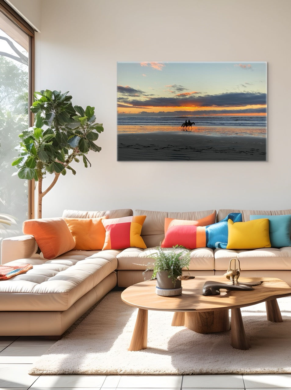 Living room with a sectional sofa, colorful pillows, a coffee table, and a canvas print of two horseback riders on the beach at sunset.