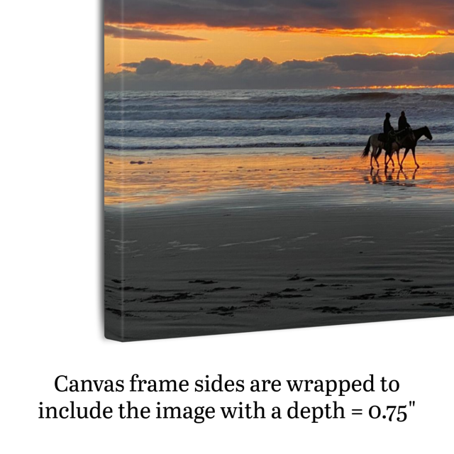 Side view of a a canvas print of two horseback riders on the beach at sunset.