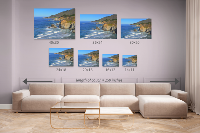 Wall art prints of the rugged coastline in Big Sur, California with corresponding dimensions displayed above a beige sofa.