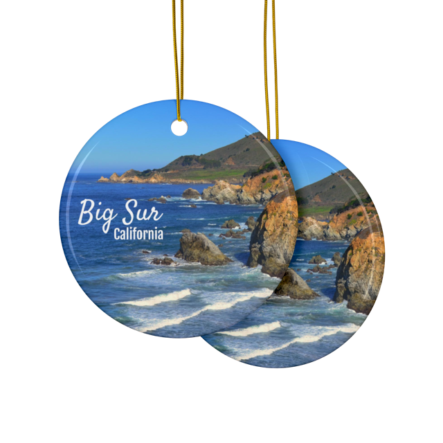 Front and ack side of a ceramic Christmas ornament featuring a photograph of the rugged cliffs and deep blue Pacific Ocean along the Big Sur coastline in California 