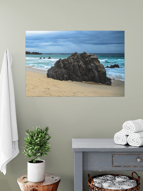 Big Sur California coastal rock formation canvas print on a wall in a room with a plant and towels.