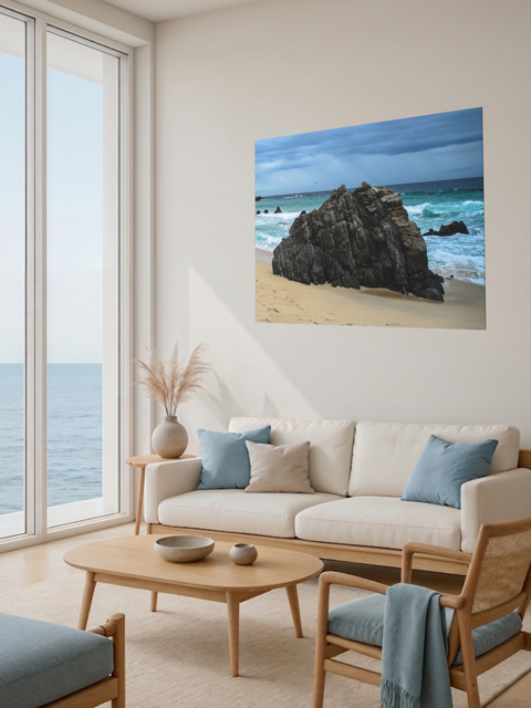 Living room with a large window view of the ocean, a beige sofa with blue cushions, and a Big Sur California coastal rock formation canvas print.