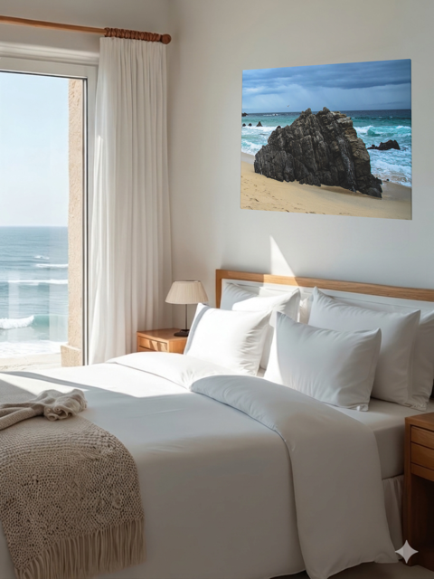 Bedroom with a large bed and a Big Sur California coastal rock formation canvas print on the wall.
