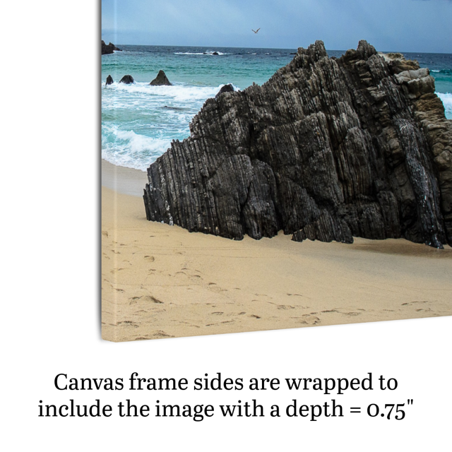 Side view of a Big Sur California coastal rock formation canvas print with text indicating frame depth.