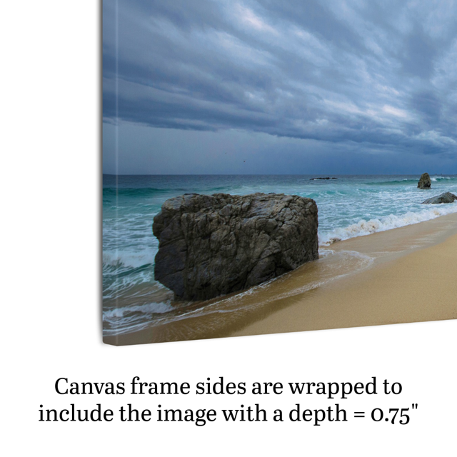 Side view of a canvas print of a Big Sur beach with a stormy sky with text indicating frame depth.