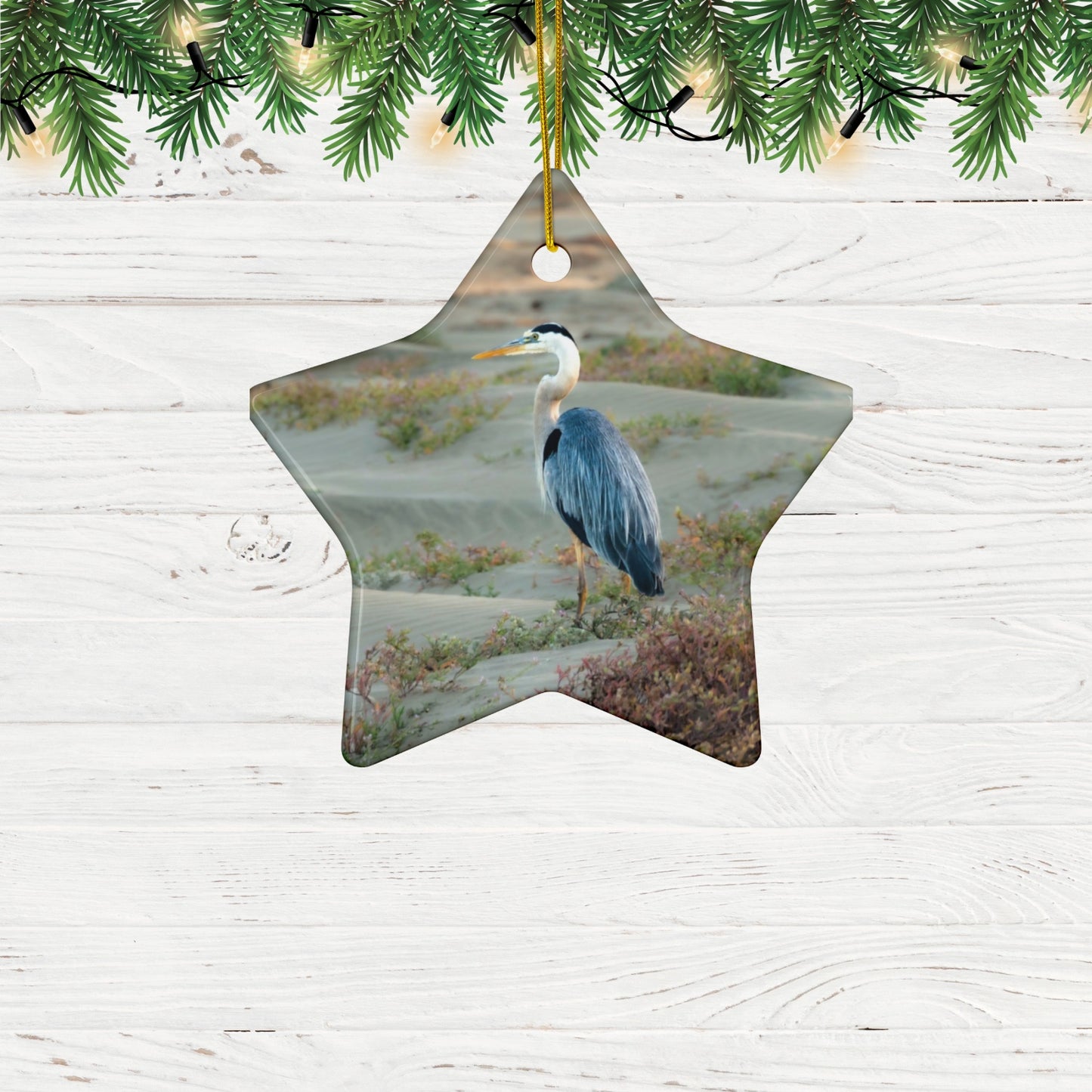 Star-shaped Ceramic holiday ornament featuring a professional photograph of a Great Blue Heron standing among coastal reeds along the Pacific shoreline hanging from Christmas tree