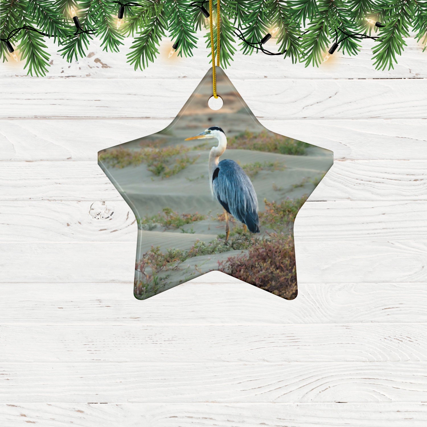 Star-shaped Ceramic holiday ornament featuring a professional photograph of a Great Blue Heron standing among coastal reeds along the Pacific shoreline hanging from Christmas tree