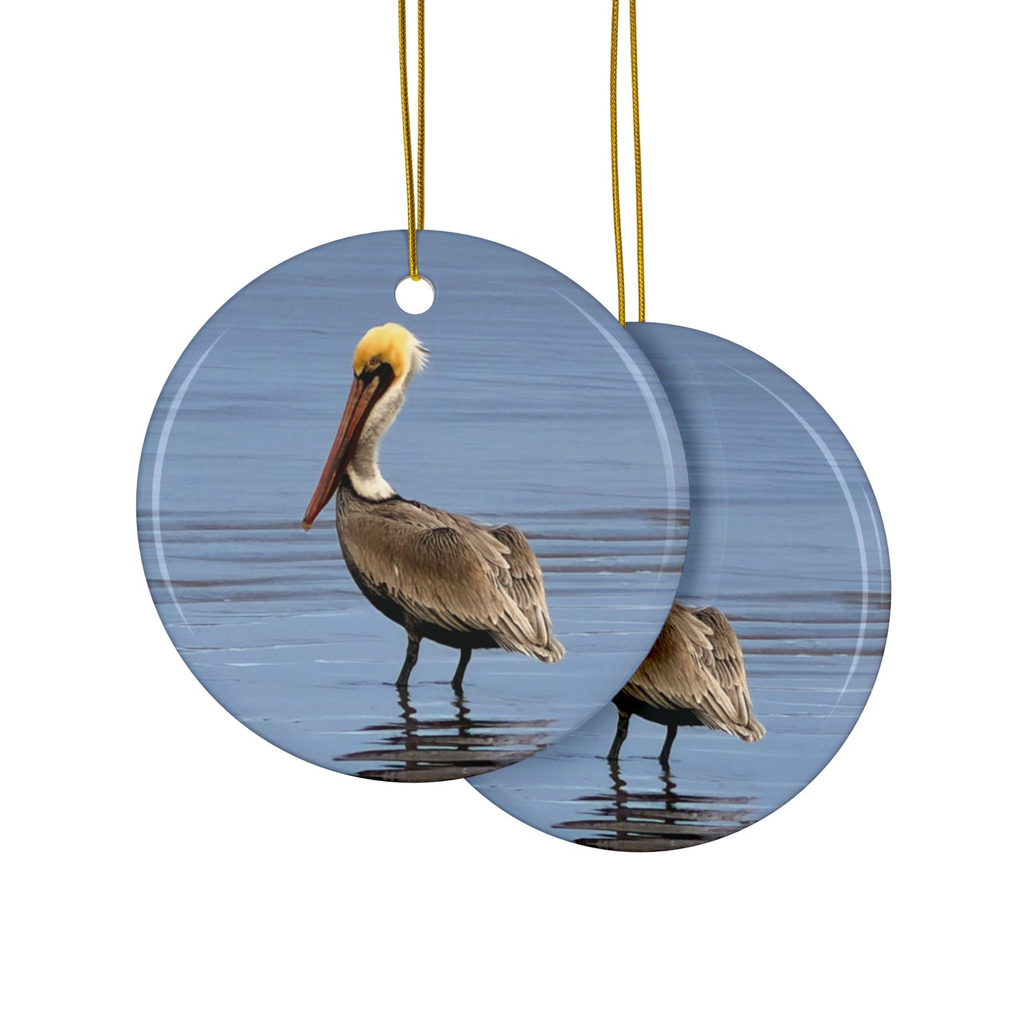 Front and back side of a ceramic holiday ornament featuring a professional photograph of a Brown Pelican standing on the shoreline.