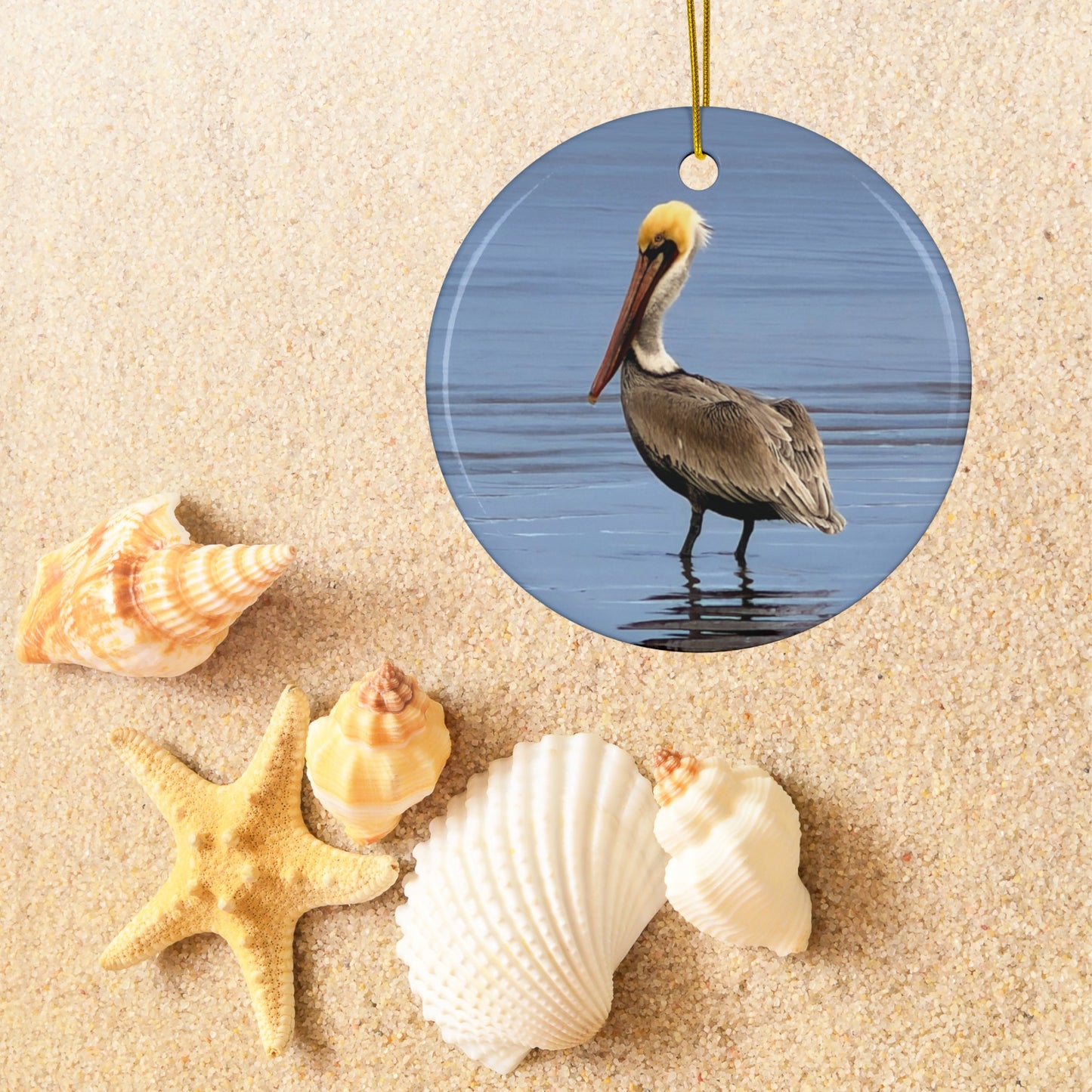 Ceramic holiday ornament featuring a professional photograph of a Brown Pelican standing on the shoreline on a sandy background with shells and a starfish.