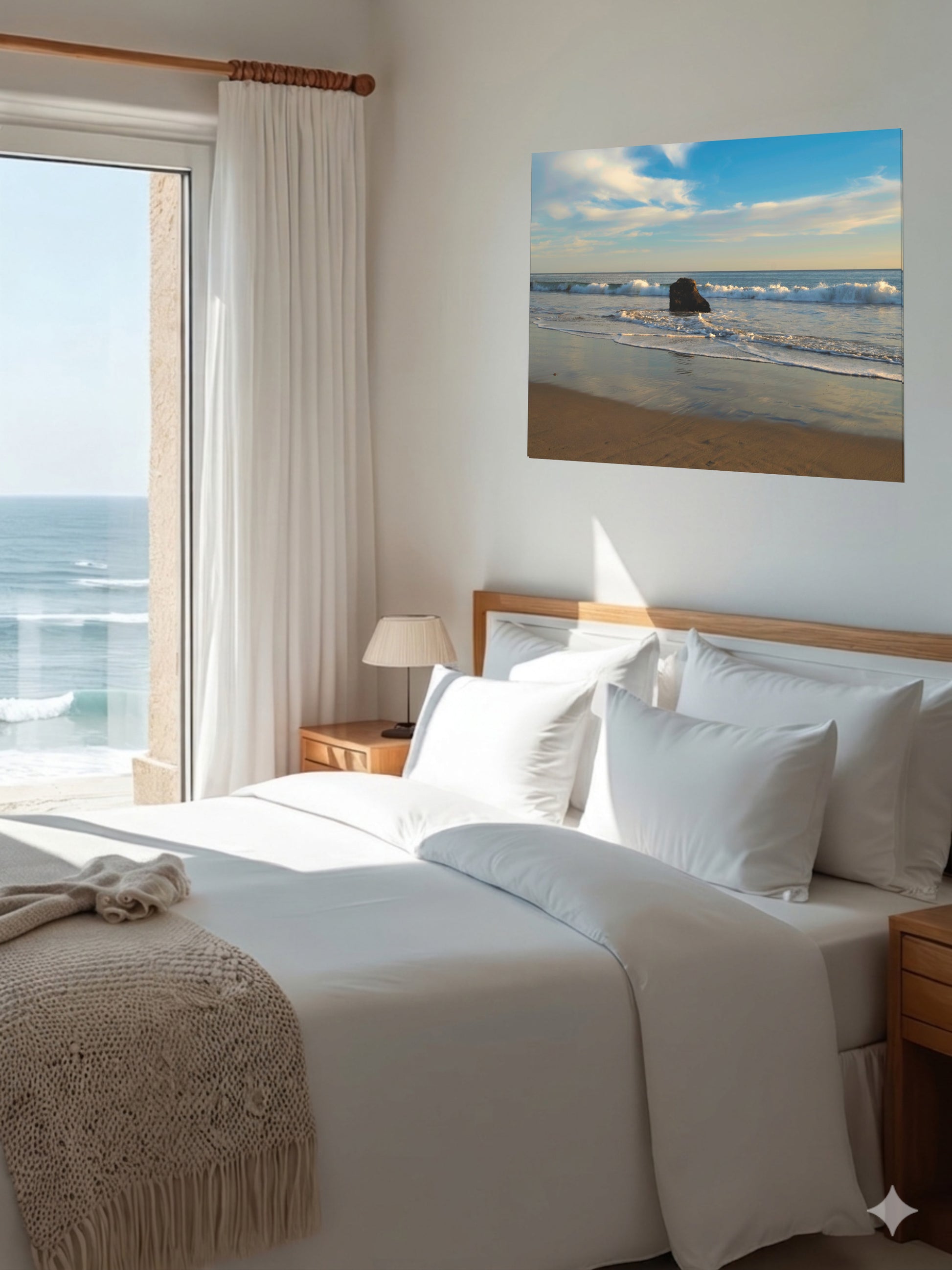 Bedroom with a large bed, ocean view, and a solitary rock on a California beach with ocean wave foam and sky reflection canvas print on the wall.