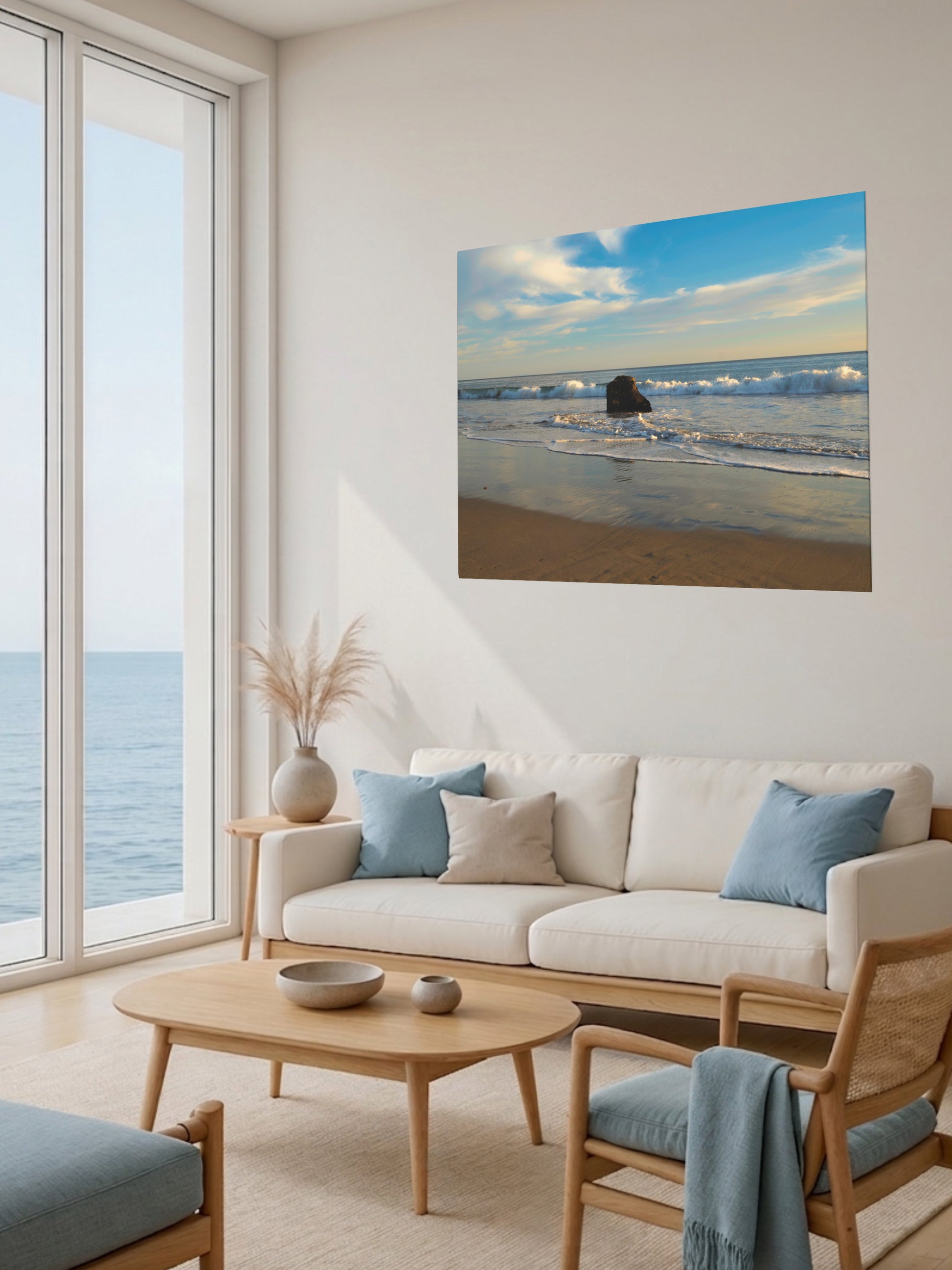 Living room with a large window view of the ocean, a beige sofa with blue cushions, and a solitary rock on a California beach with ocean wave foam and sky reflection canvas print on the wall.