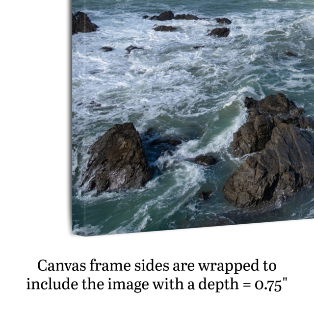 A canvas print featuring a rugged California coastline shown on an angle to highlight side framing and depth.