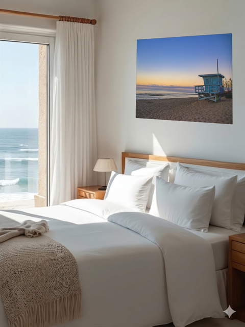 Bedroom with a large bed, nightstands, and a canvas print of a California lifeguard tower at sunrise.