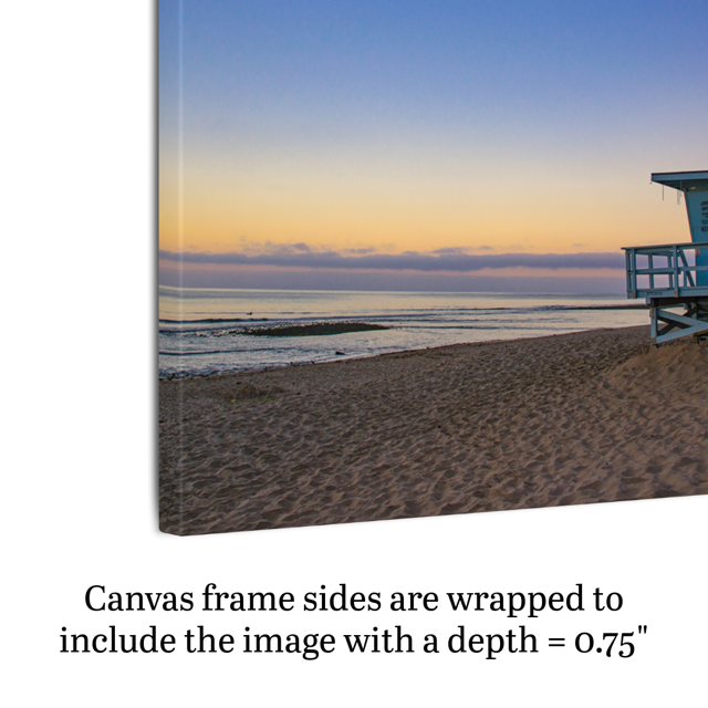 Side view of a canvas print of a California lifeguard tower at sunrise with text indicating frame depth.