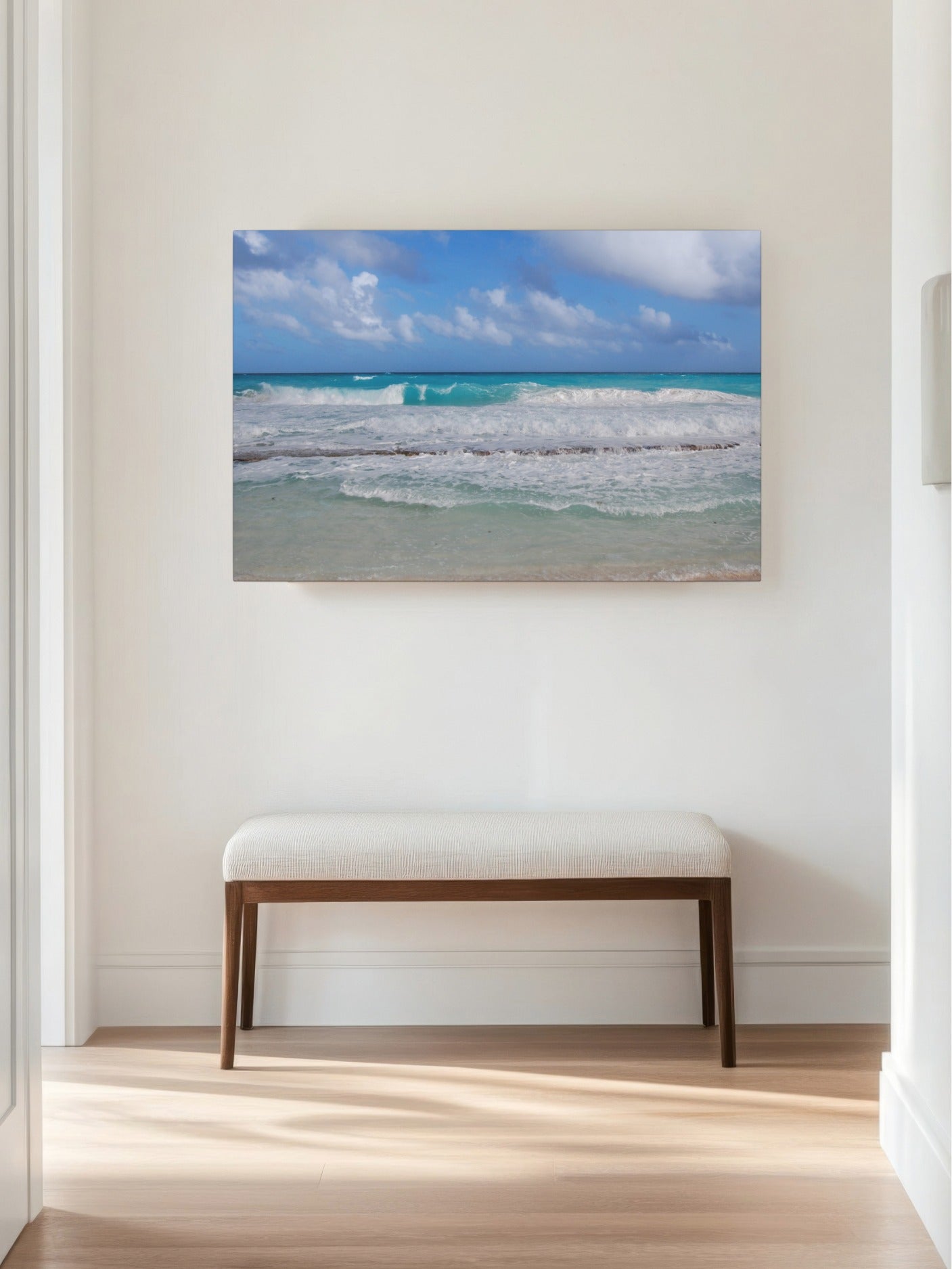 Cancun Caribbean turquoise waves breaking on sand canvas print on a wall above a wooden bench