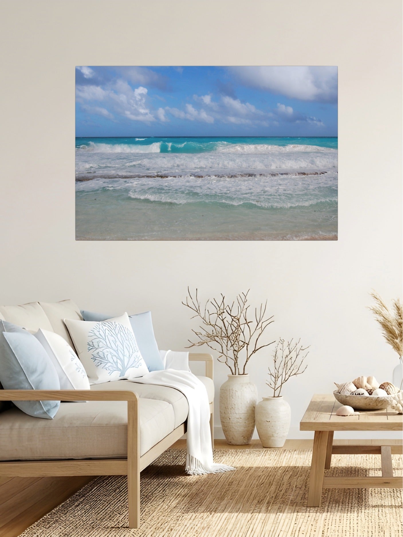 Living room with a Cancun Caribbean turquoise waves breaking on sand canvas print on the wall