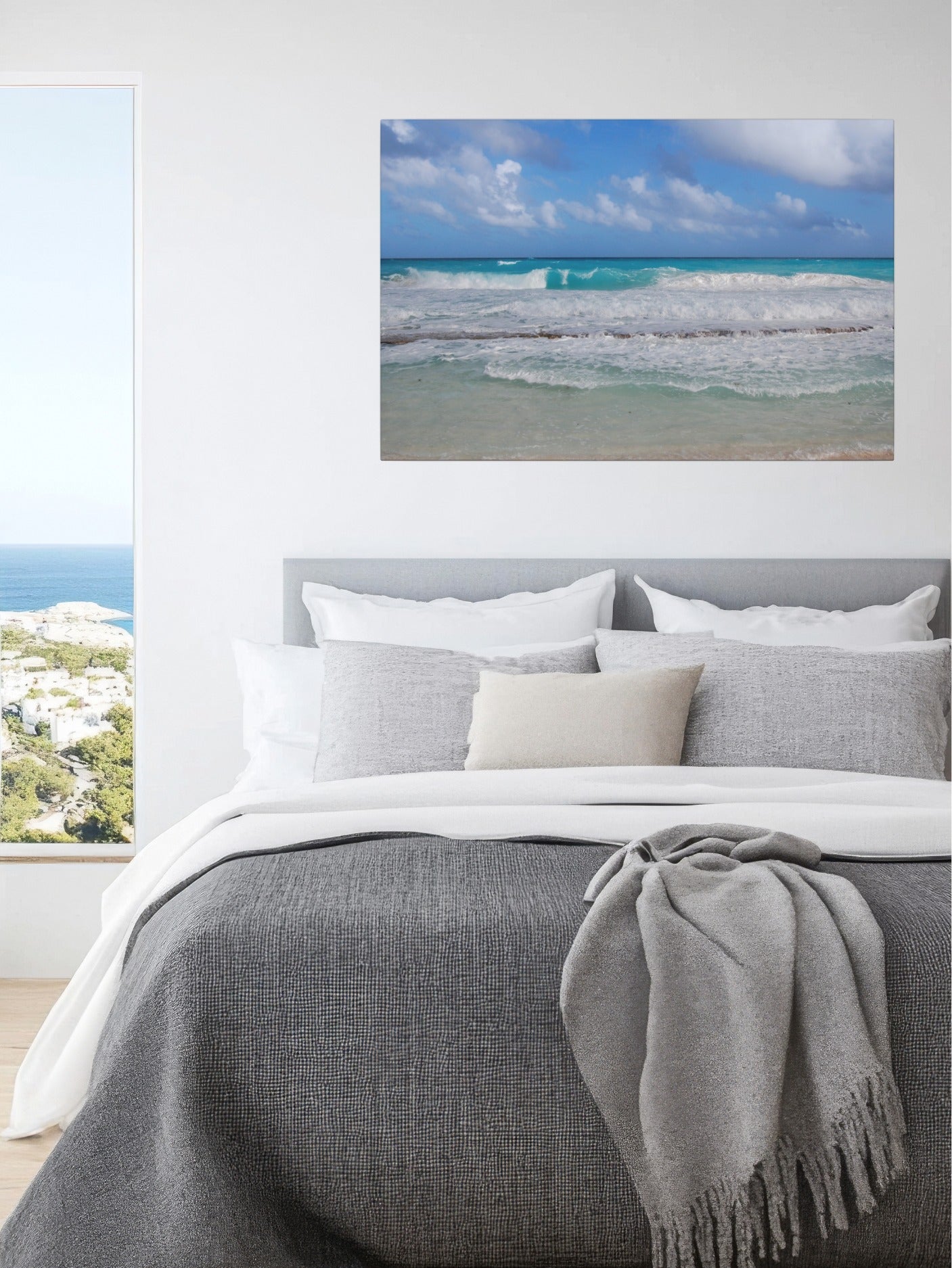 Bedroom with a Cancun Caribbean turquoise waves breaking on sand canvas print on the wall