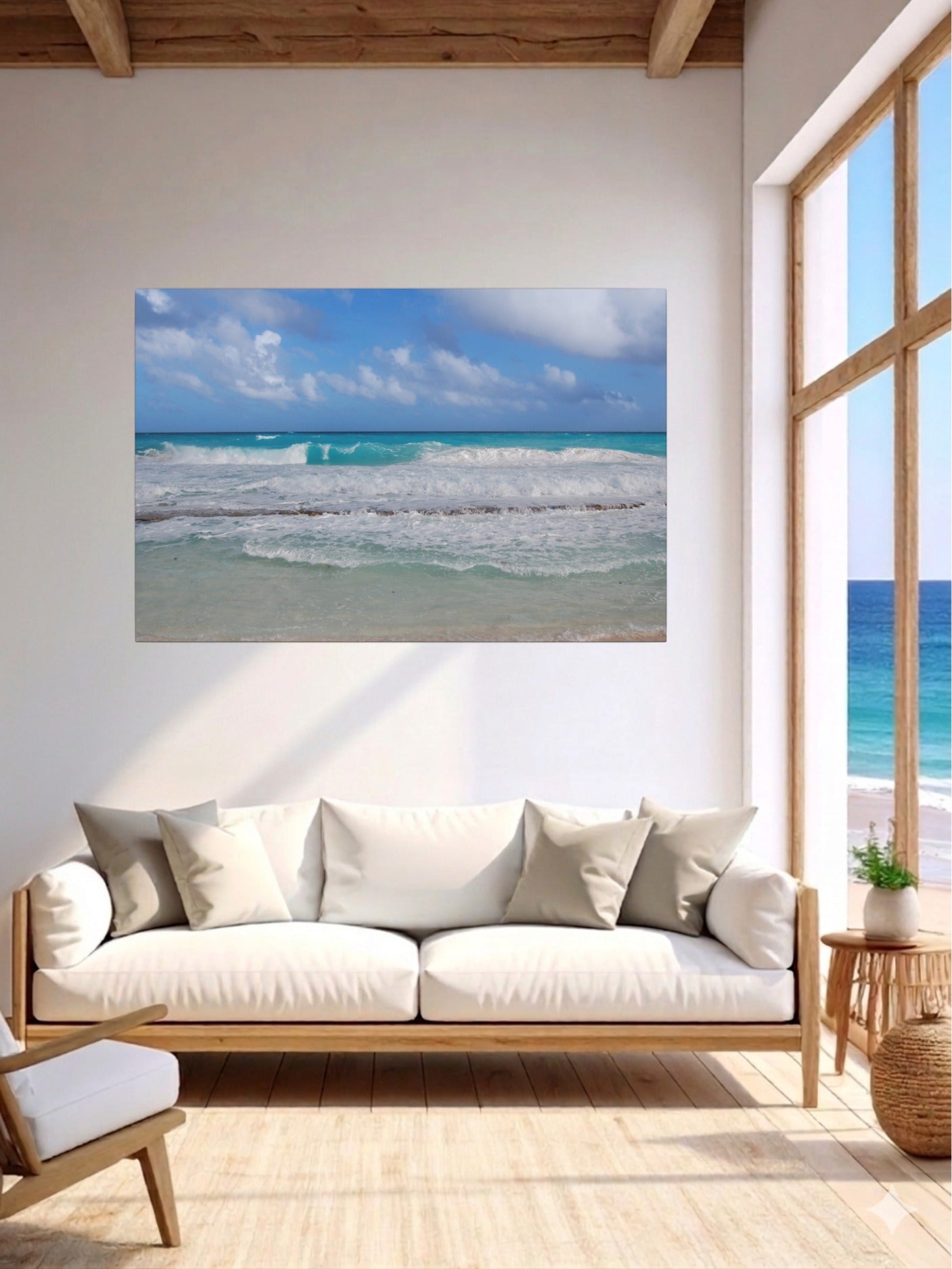 Living room with a Cancun Caribbean turquoise waves breaking on sand canvas print on the wall