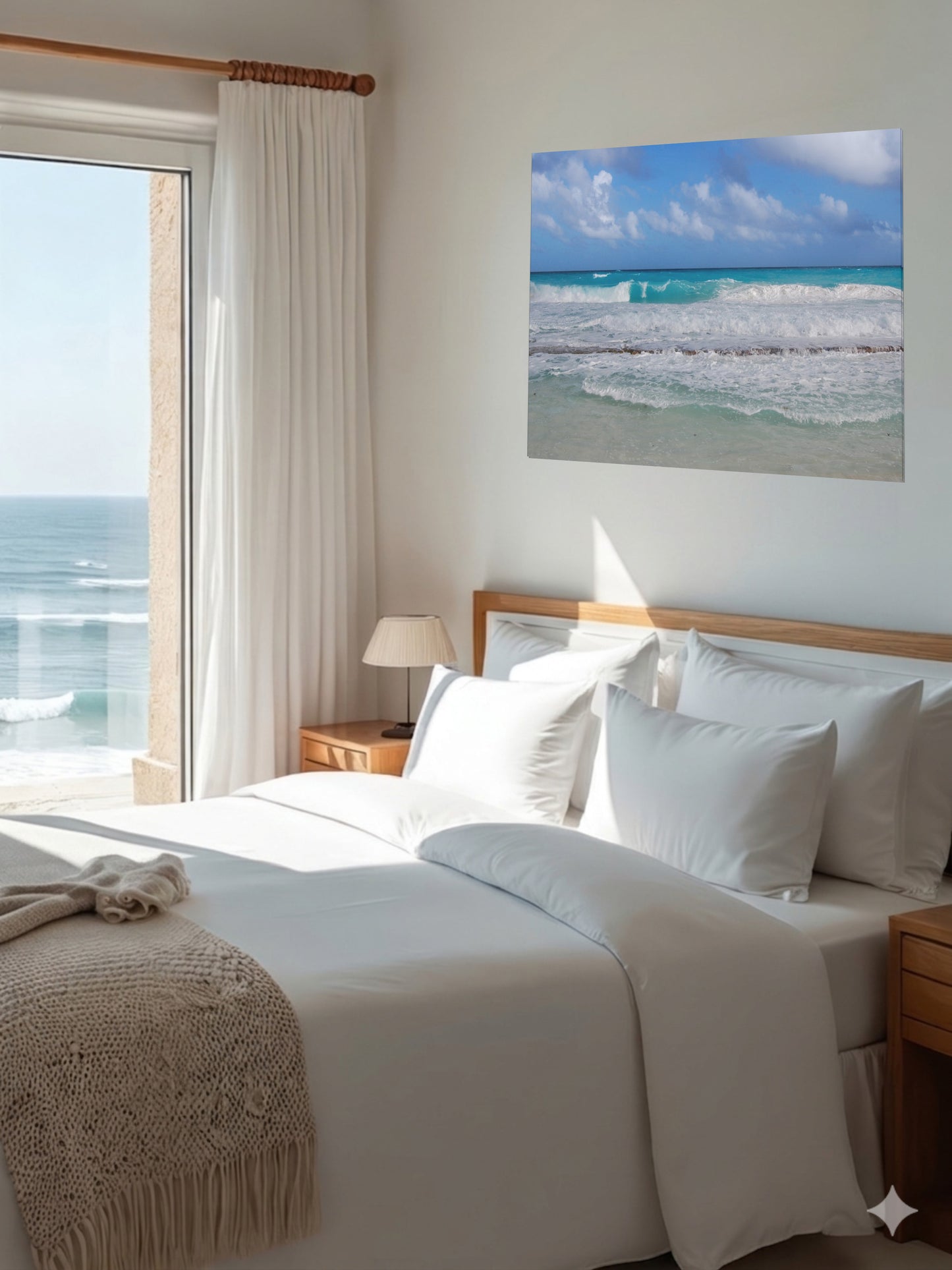 Bedroom with ocean view and a Cancun Caribbean turquoise waves breaking on sand canvas print on the wall