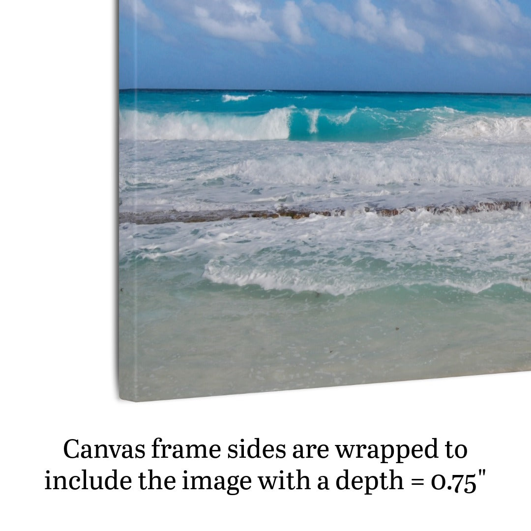 Side view of a Cancun Caribbean turquoise waves breaking on sand canvas print with text indicating frame depth.