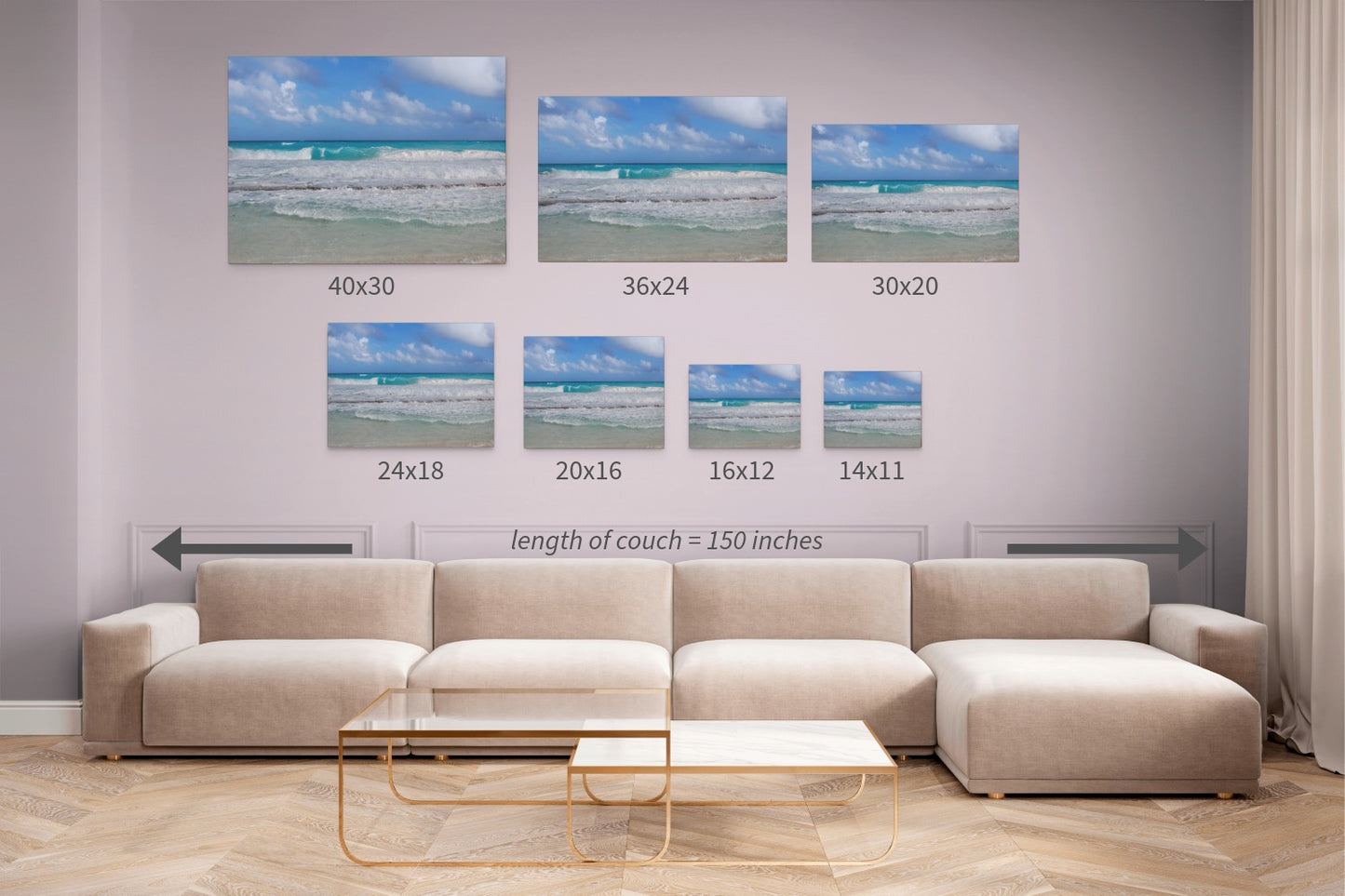 Living room with a beige sectional sofa and Cancun Caribbean turquoise waves breaking on sand canvas prints in various sizes.