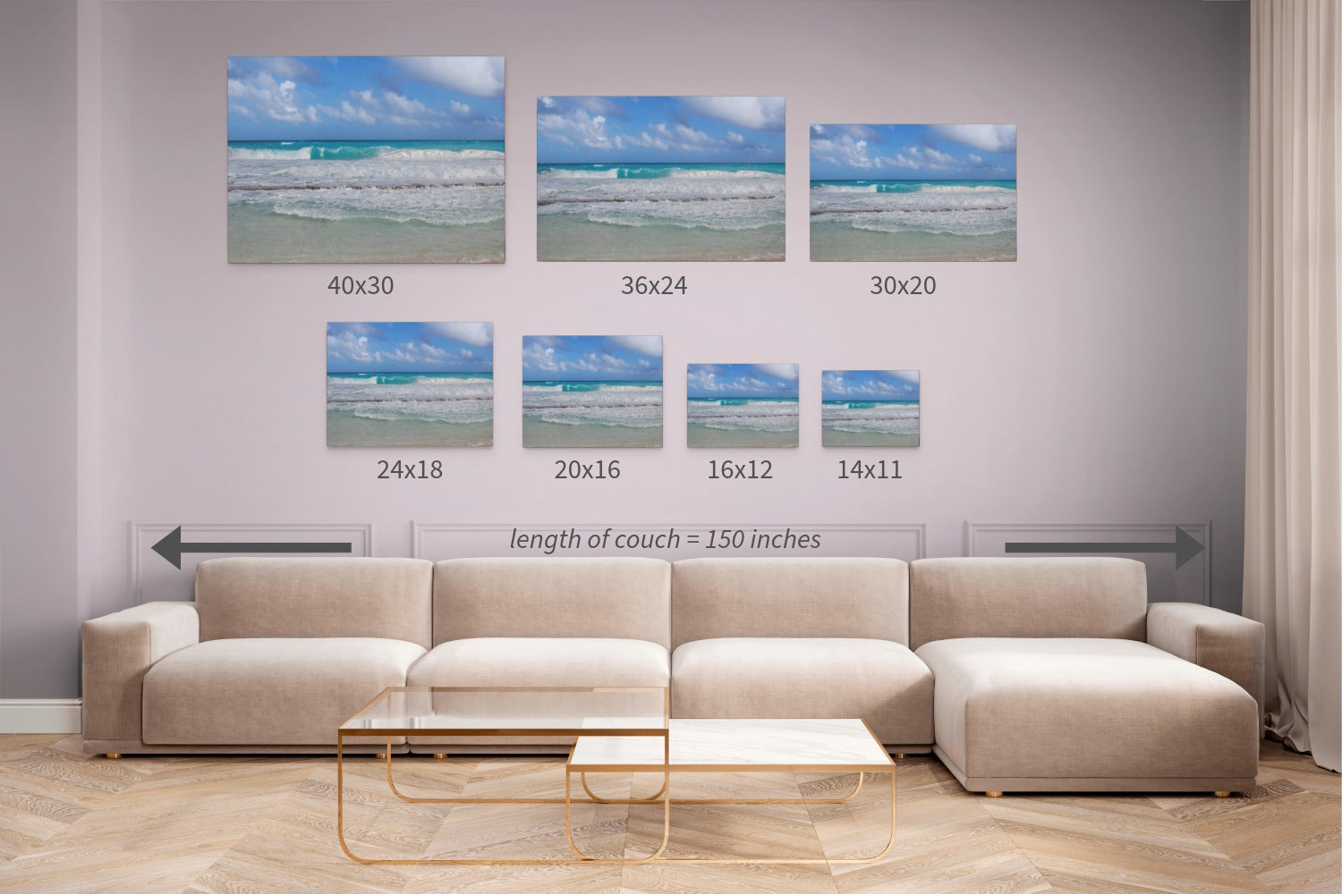 Living room with a beige sectional sofa and Cancun Caribbean turquoise waves breaking on sand canvas prints in various sizes.