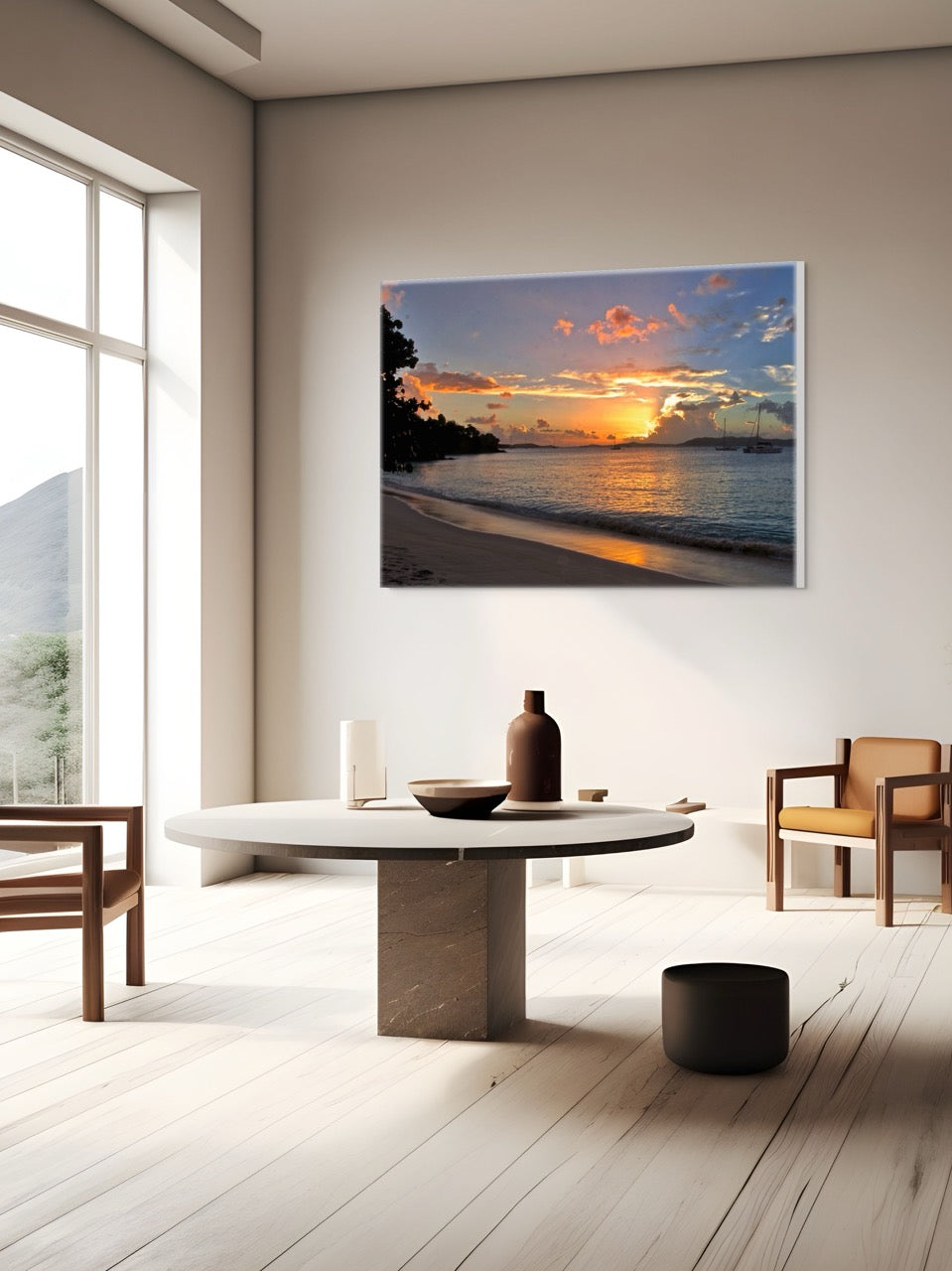 Modern living room with a tropical sunset canvas print of a sunset.