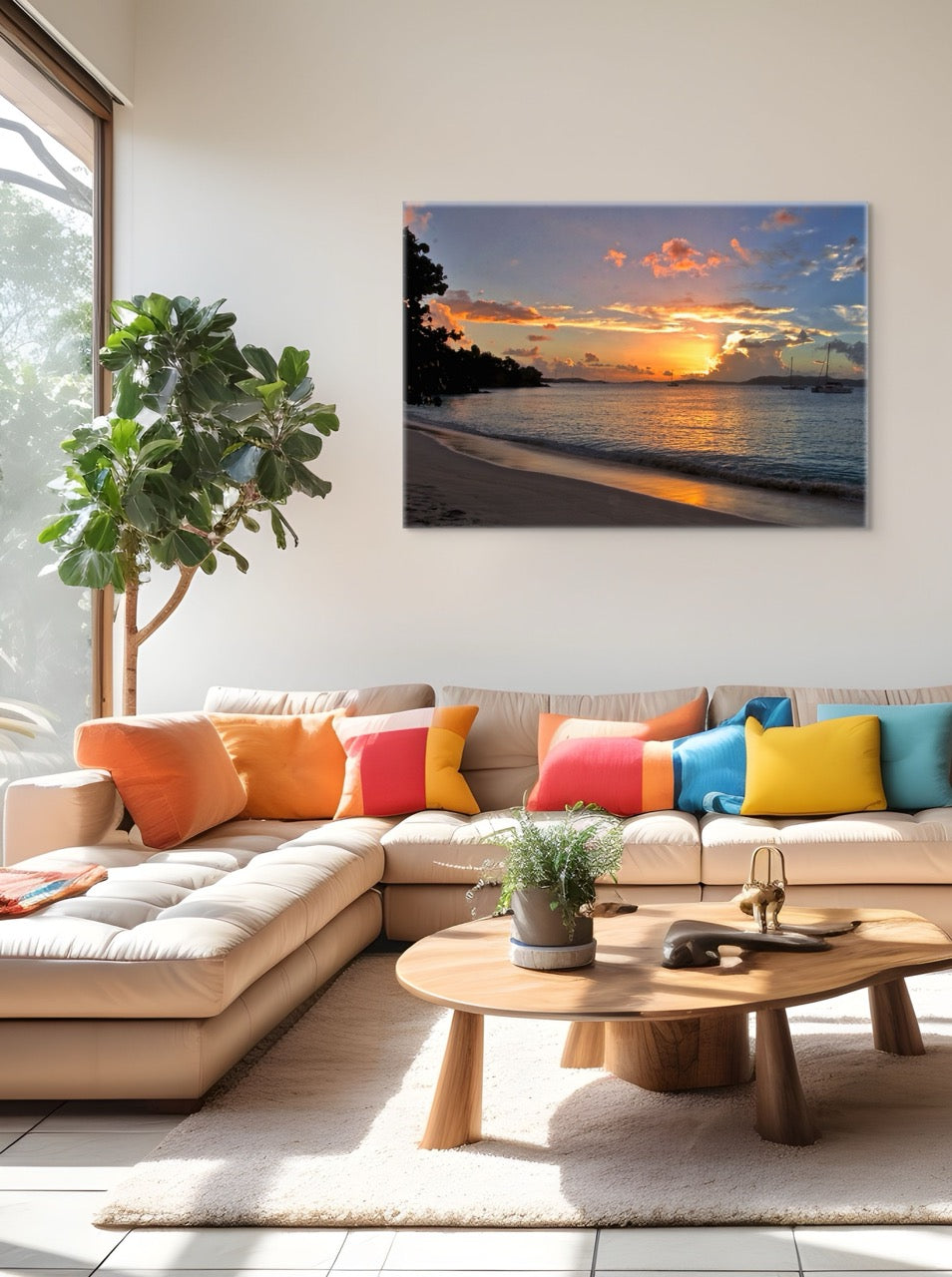 Modern living room with a colorful sofa and a tropical sunset canvas print on the wall.