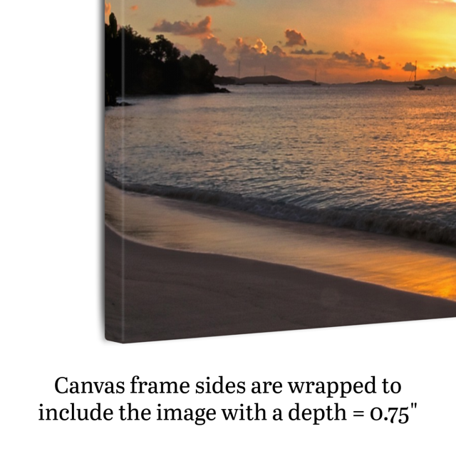 Side view of a tropical sunset canvas print with text about canvas depth.