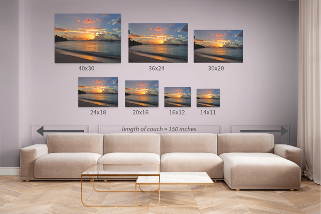 Living room with a beige sectional sofa and wall art displaying a tropical sunset canvas print in various sizes.