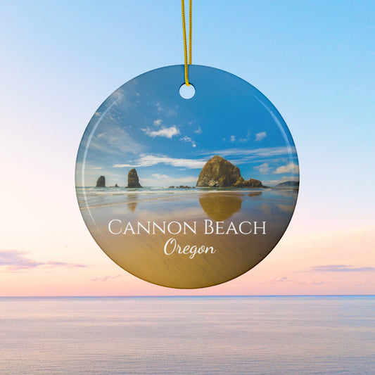 Round ornament with Cannon Beach, Oregon scene and text