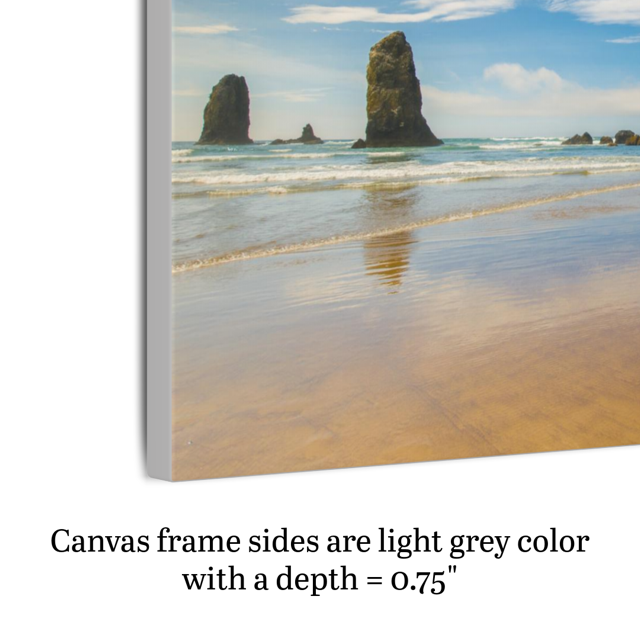 A canvas print featuring a view of Haystack Rock and other rock off the coast of Cannon Beach, Oregon shown on an angle to highlight side framing and depth.
