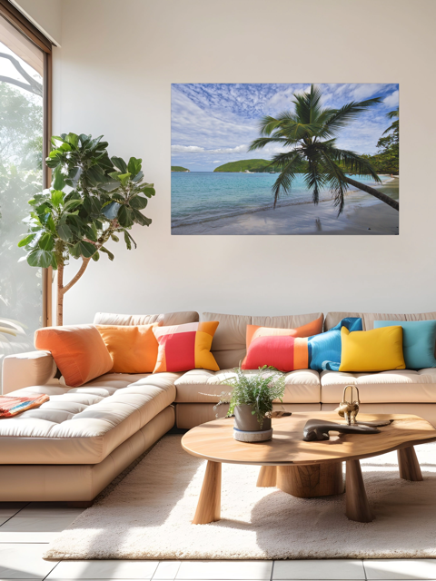 Modern living room with a sectional sofa, colorful pillows, and a canvas print of a tropical beach scene on the wall.