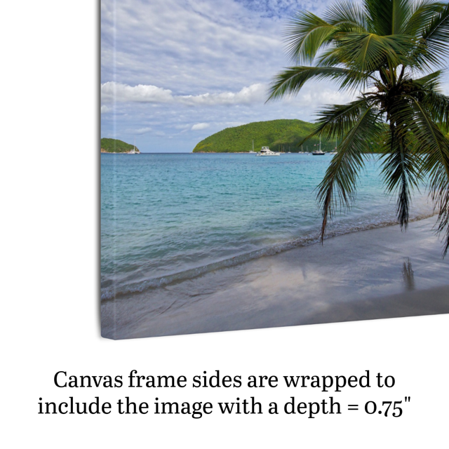 Side view of a canvas print of a tropical beach scene with palm trees and clear blue water highlighting frame depth.