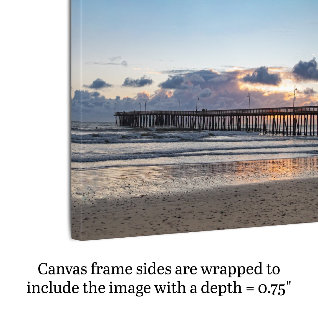 Side view of a Cayucos Pier sunset canvas print with text indicating frame depth.