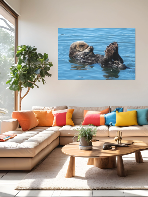 Living room with a sectional sofa, colorful pillows, and a wall art of a sea otter in water.