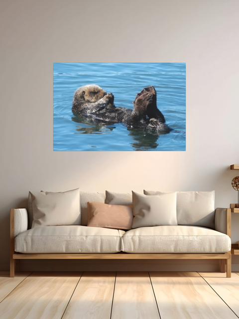 A sea otter swimming in water on a wall above a sofa with decorative pillows.