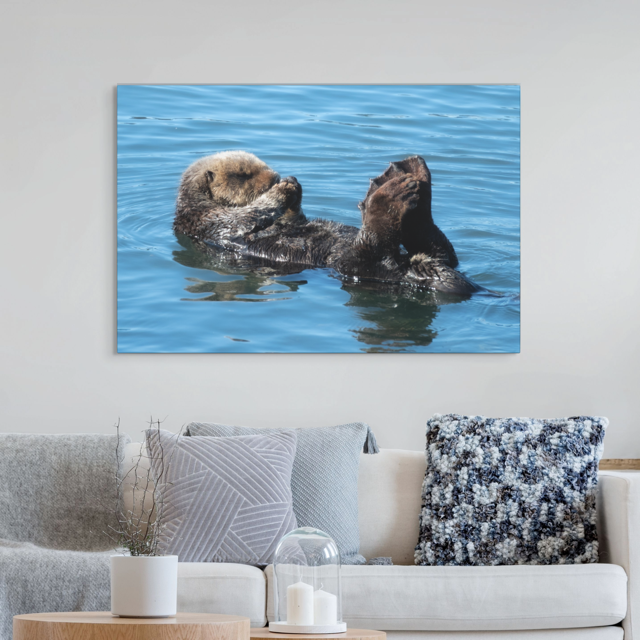 Canvas print of a sea otter in water hanging on a wall above a sofa.