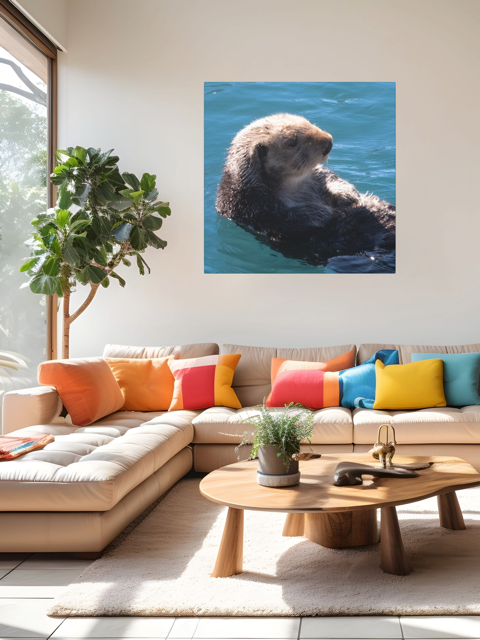 Living room with a sectional sofa, colorful pillows, and a wall art of an otter.