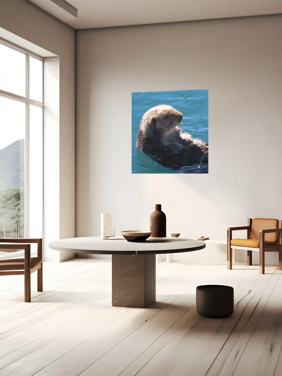 Modern living room with a wall art of a sea otter in water.
