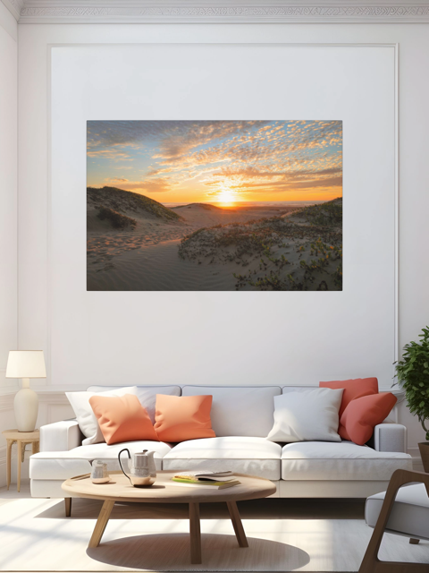 Living room with a large canvas print of a beach dunes sunset on the wall.