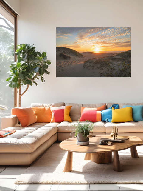 A large canvas print of a beach dunes sunset over a sectional sofa.
