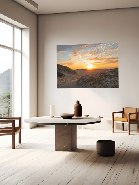 A modern living room with a round table and a large canvas print of a beach dunes sunset on the wall.